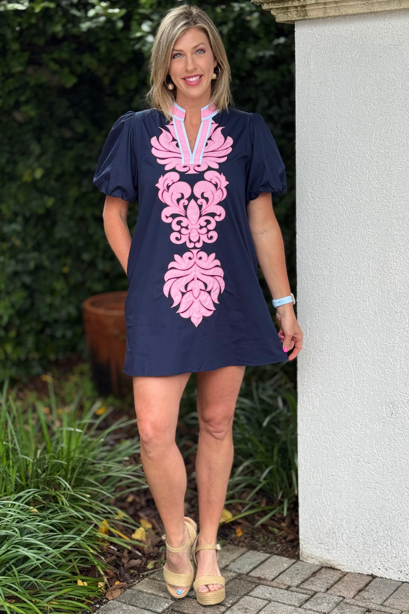 Puff sleeve navy boutique dress with pockets