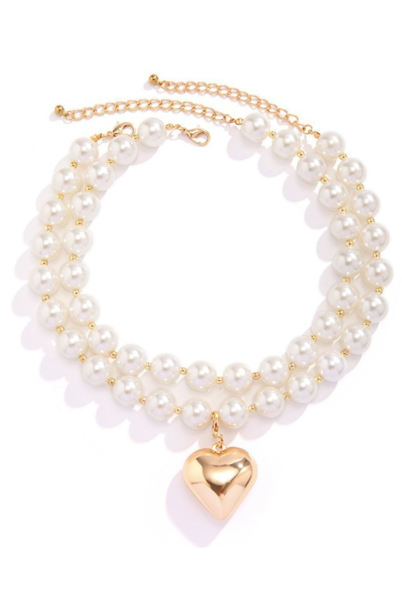 pearl beaded layered necklace with detachable heart pendant