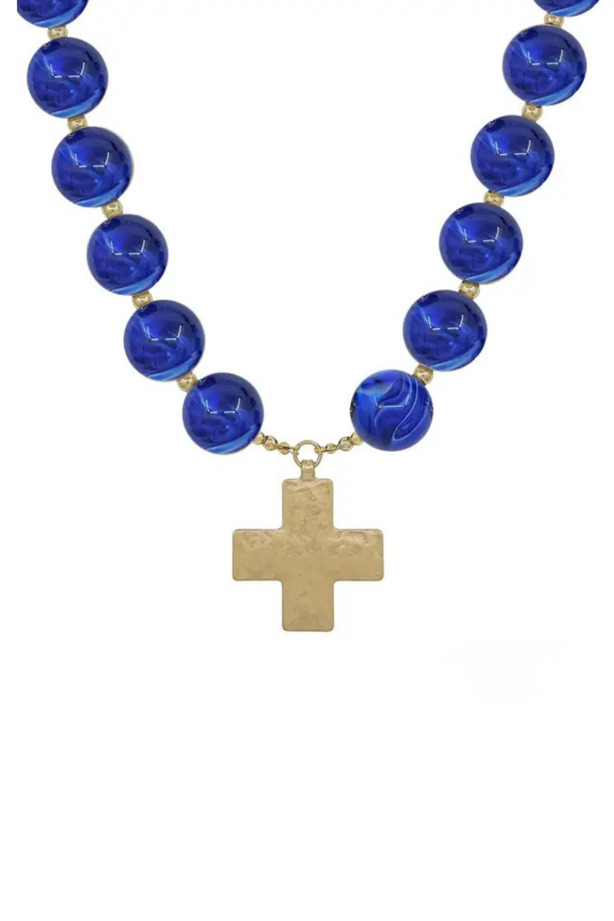 Marbled navy bead cross magnetic necklace with gold-tone pendant