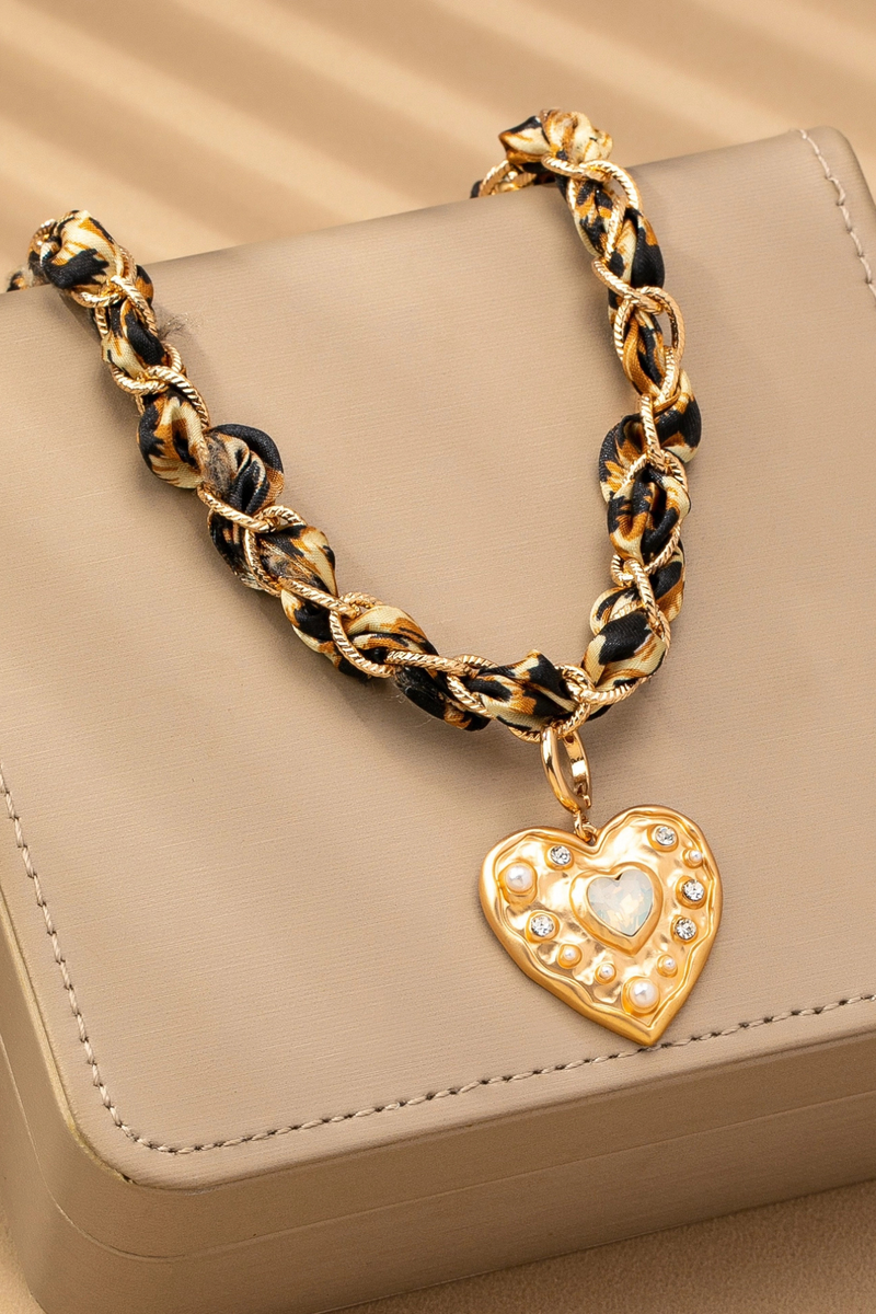 leopard print double cord necklace with gold heart charm