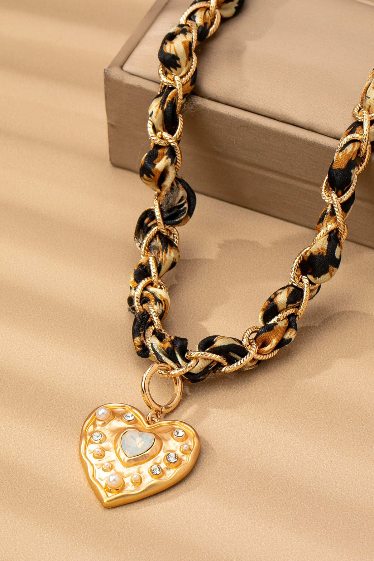 woven leopard fabric cord necklace with removable pendant