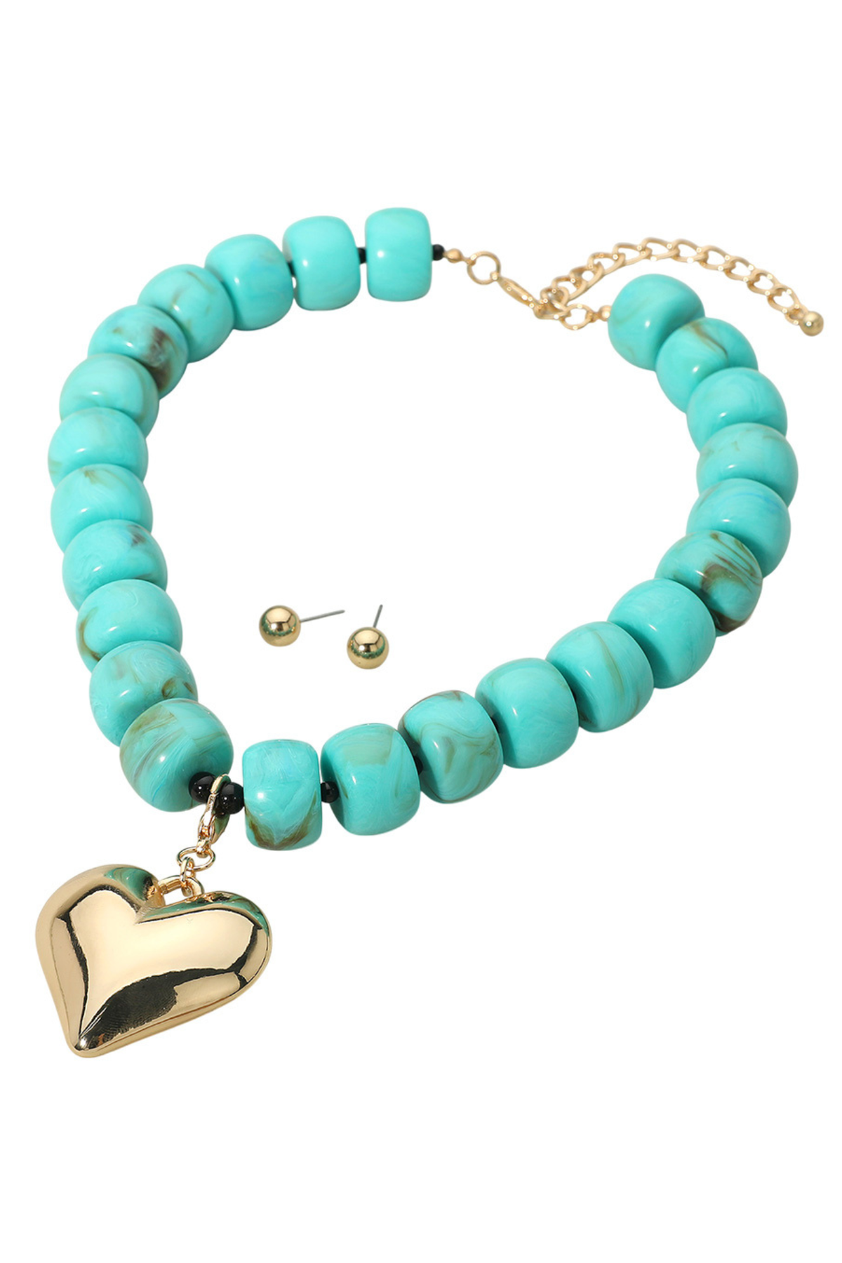 Chunky turquoise bead necklace with gold puffy heart pendant and matching stud earrings.