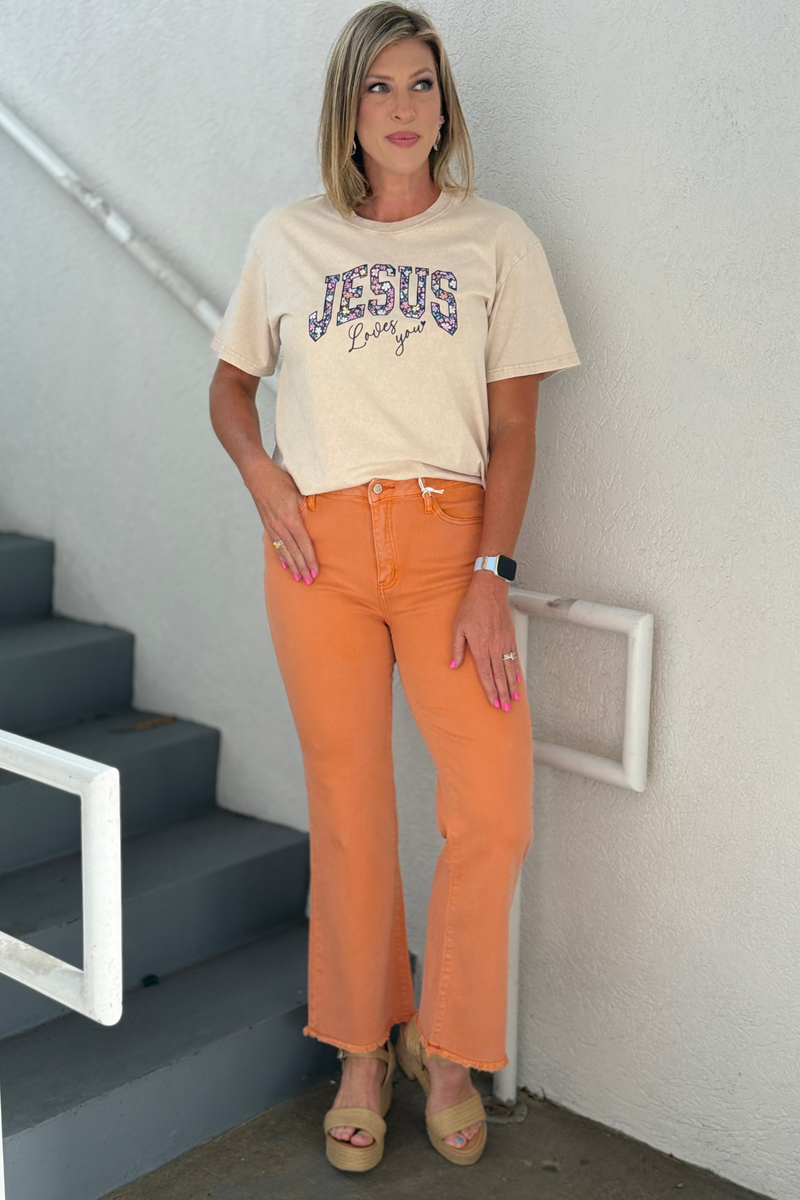 High rise orange cropped flare jeans outfit