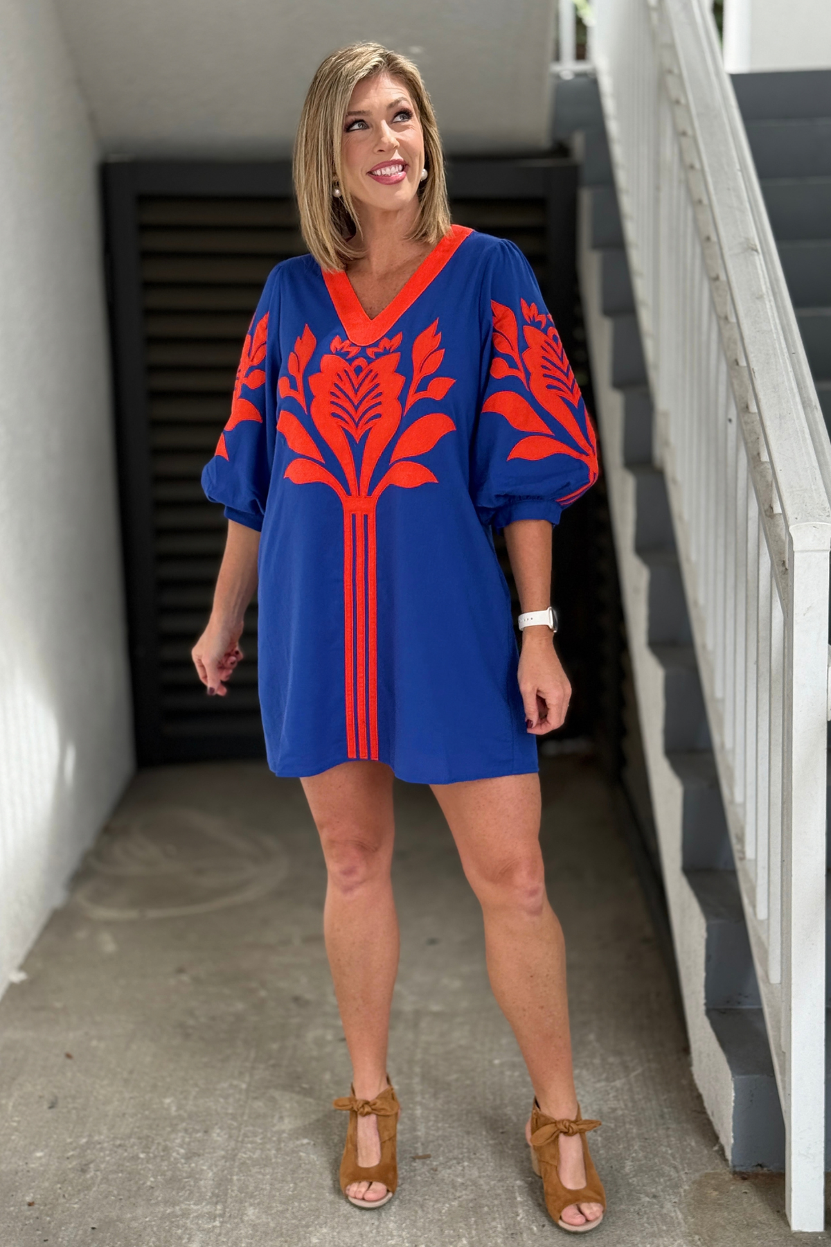 Orange and blue baroque appliqué game day shift dress  