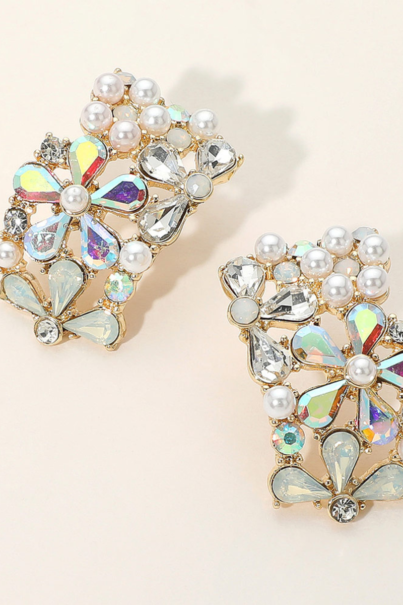 Gold curved bar earrings with pearl and crystal flower details