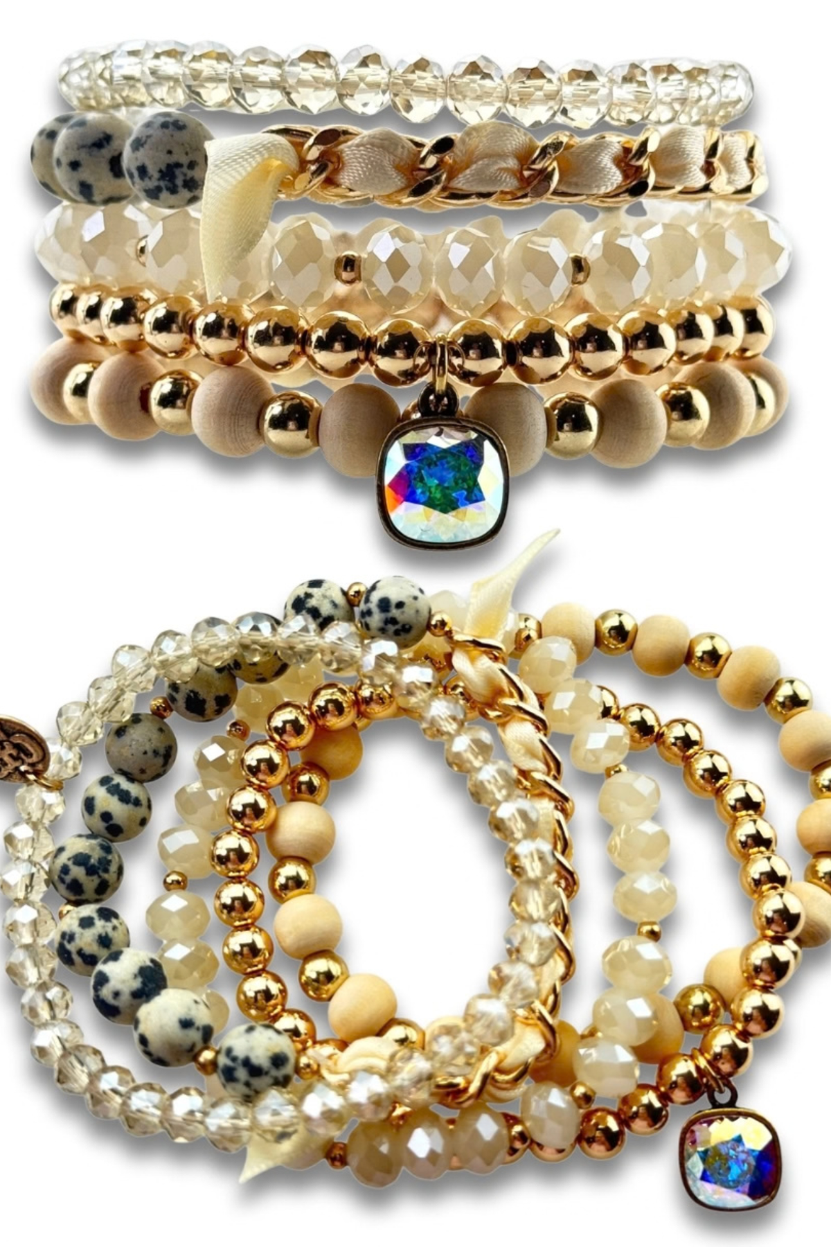 Pink Panache Golden Glow Mixed Bead Five Strand Bracelet Set