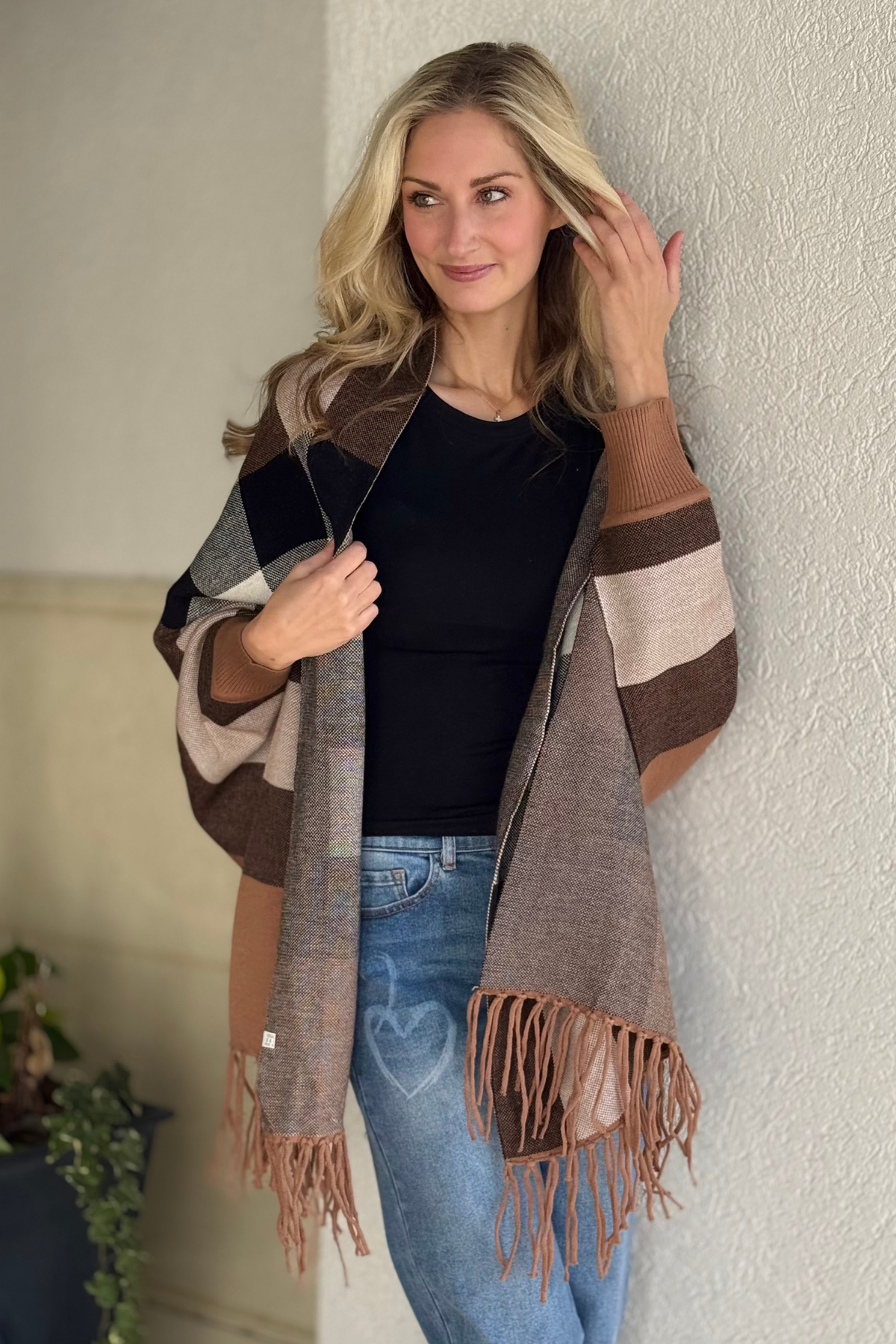 Beige check pattern open-front poncho with fringe