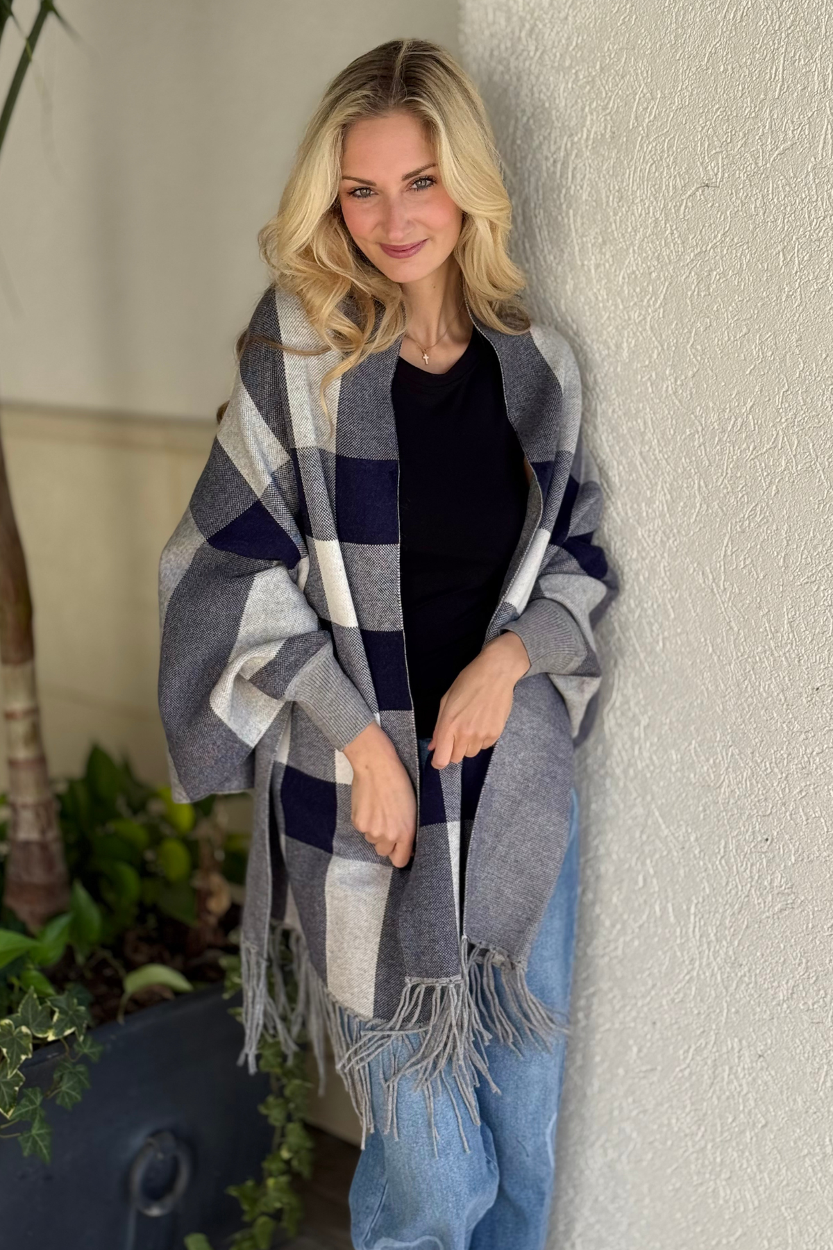 Navy check pattern open-front poncho with fringe