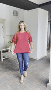 Scarlet Linen Blend Top Embroidery Bell Sleeve Top