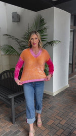 Charlie B Tangerine Reverse Print Cotton Colorblock Sweater