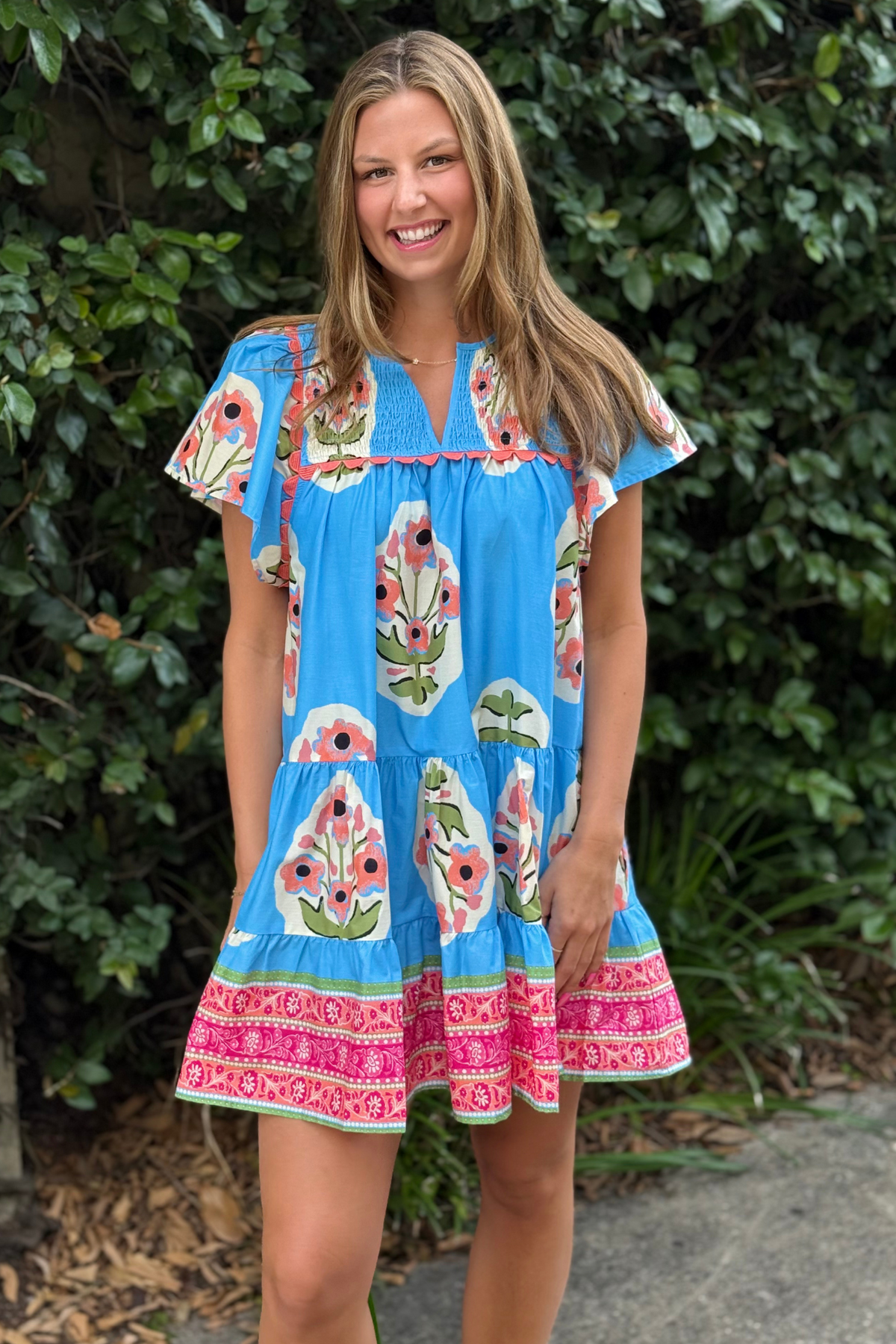 Soleil Garden Printed Boho Mini Dress in Blue