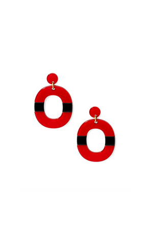 Close-up of Color Block Oval Drop Earrings with bold color block design, 2" length, and post back closure.