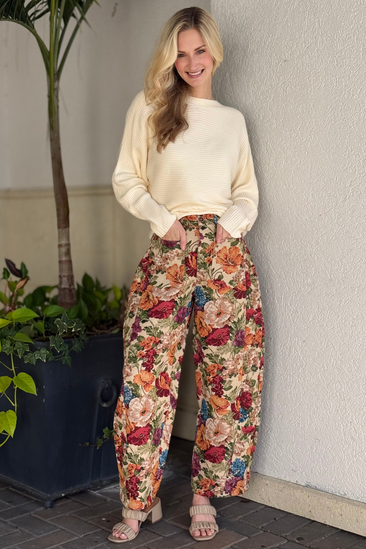 Vibrant floral print barrel pants front view