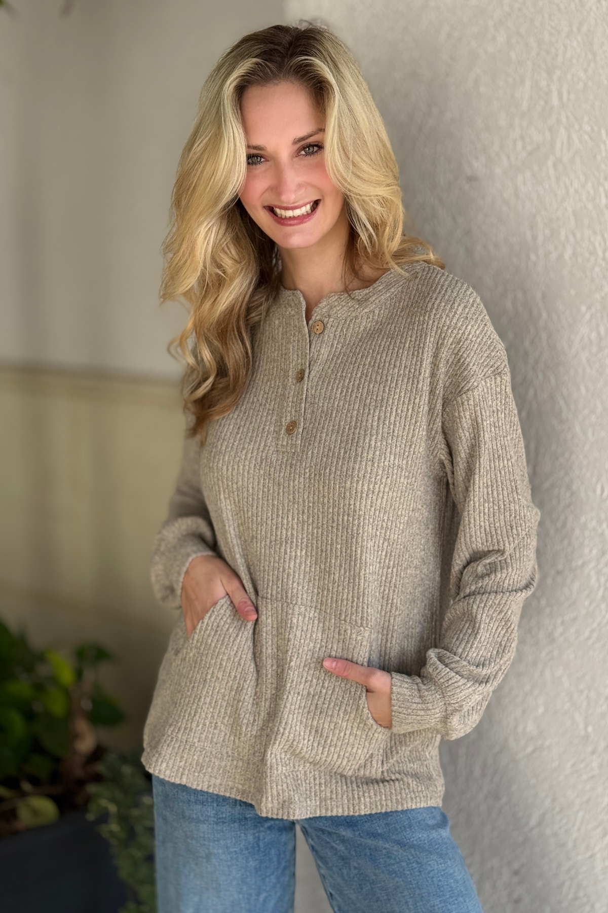 Ribbed henley knit top with drop shoulder fit
