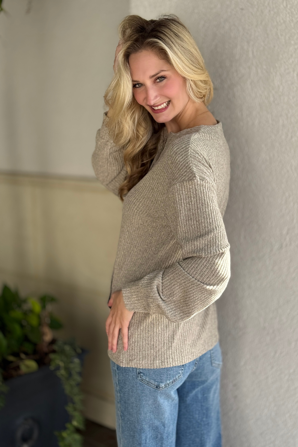 Casual ribbed henley top for women