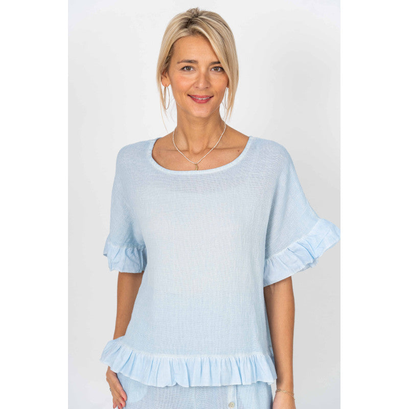 Bella Breeze Ruffled Edge Linen Blend Top – Made in Italy