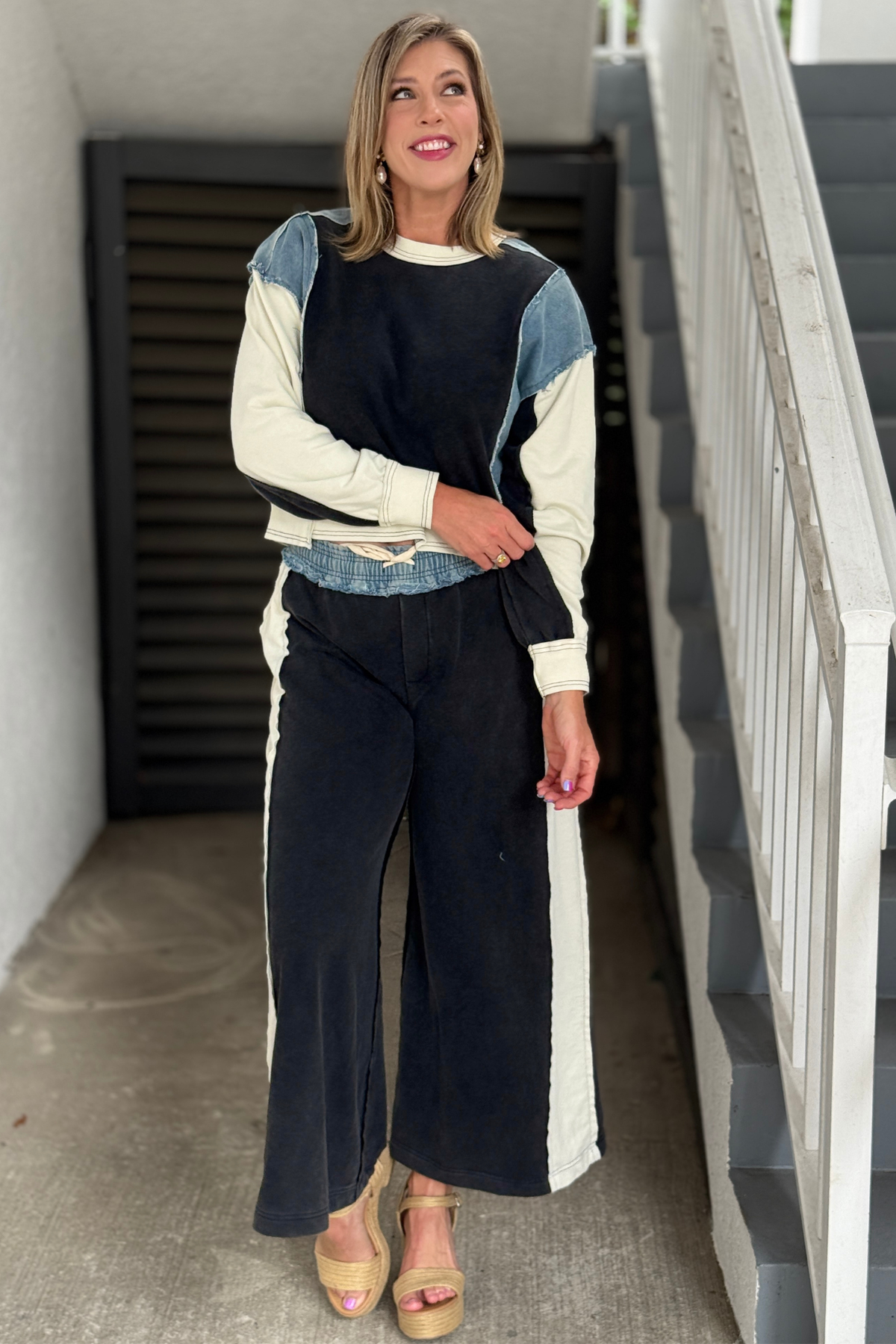 Color block pullover and wide leg pants matching set
