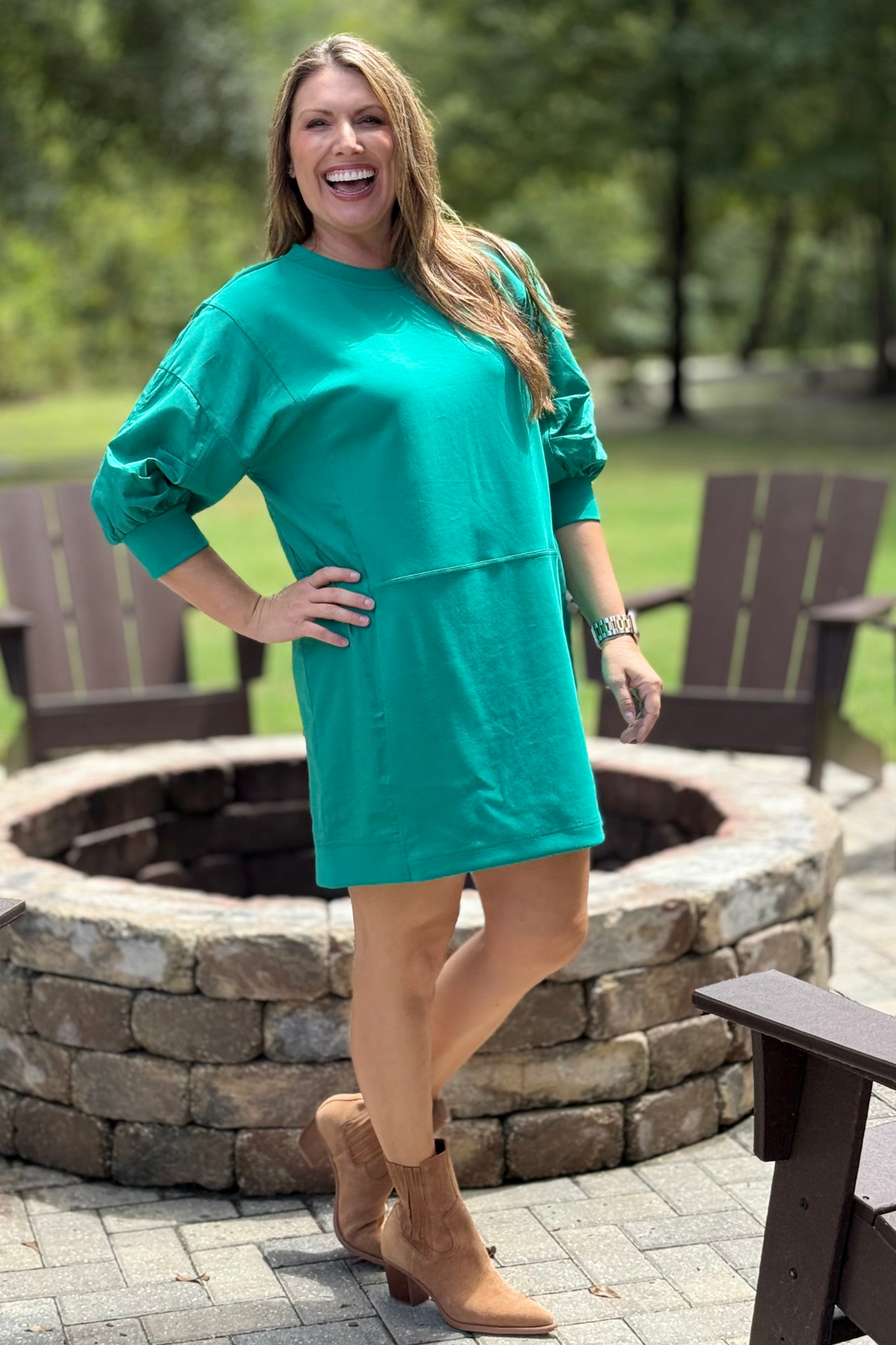 Everyday Ease Puff Sleeve Dress in Green