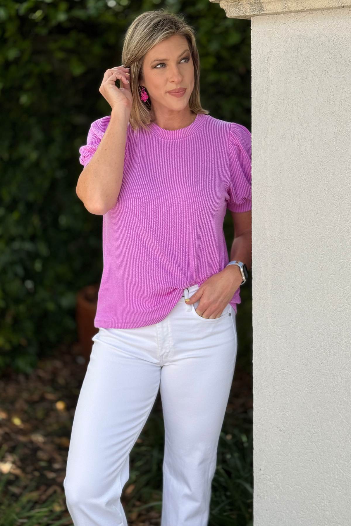 spring violet ribbed puff sleeve top front view