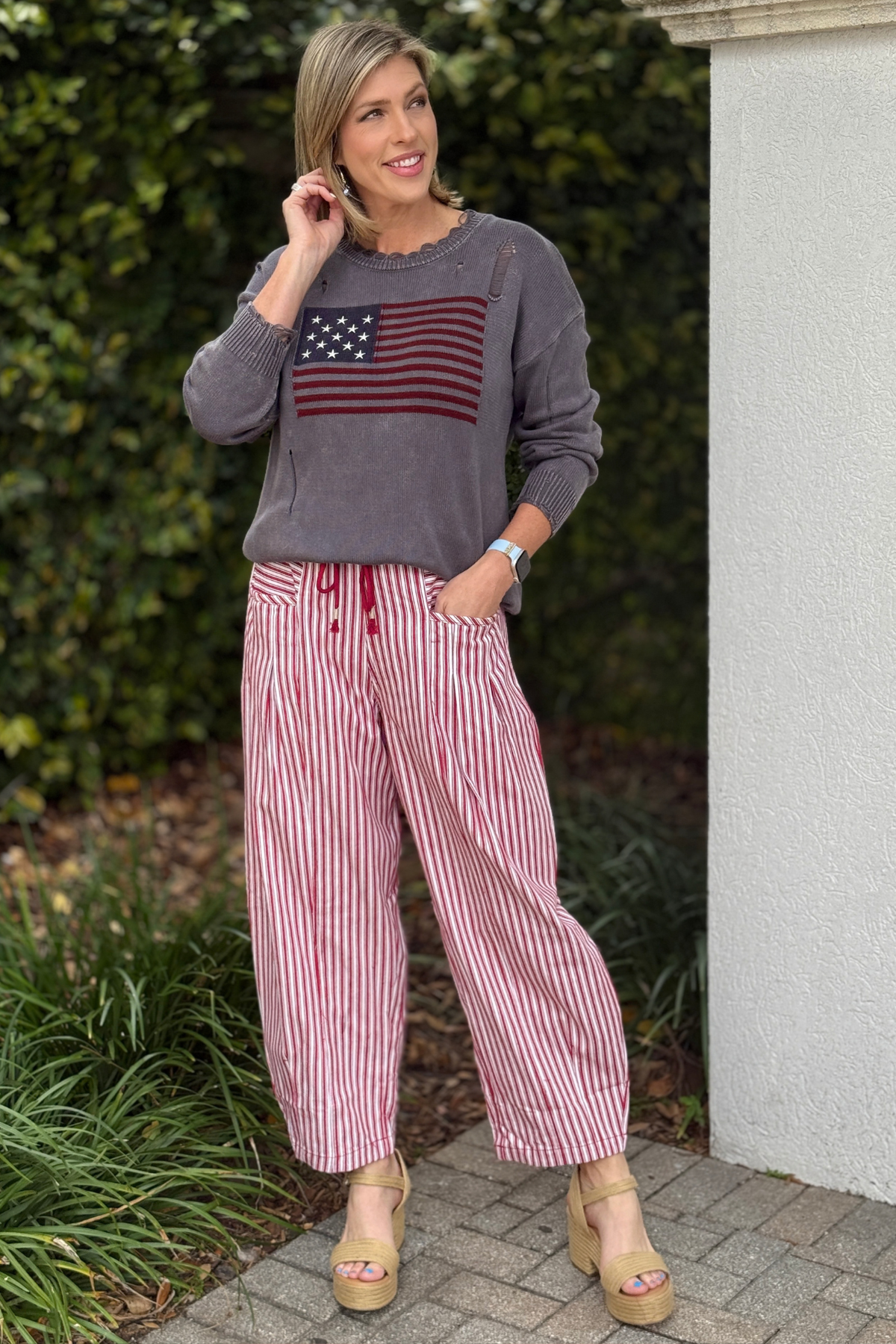red white striped barrel pants women