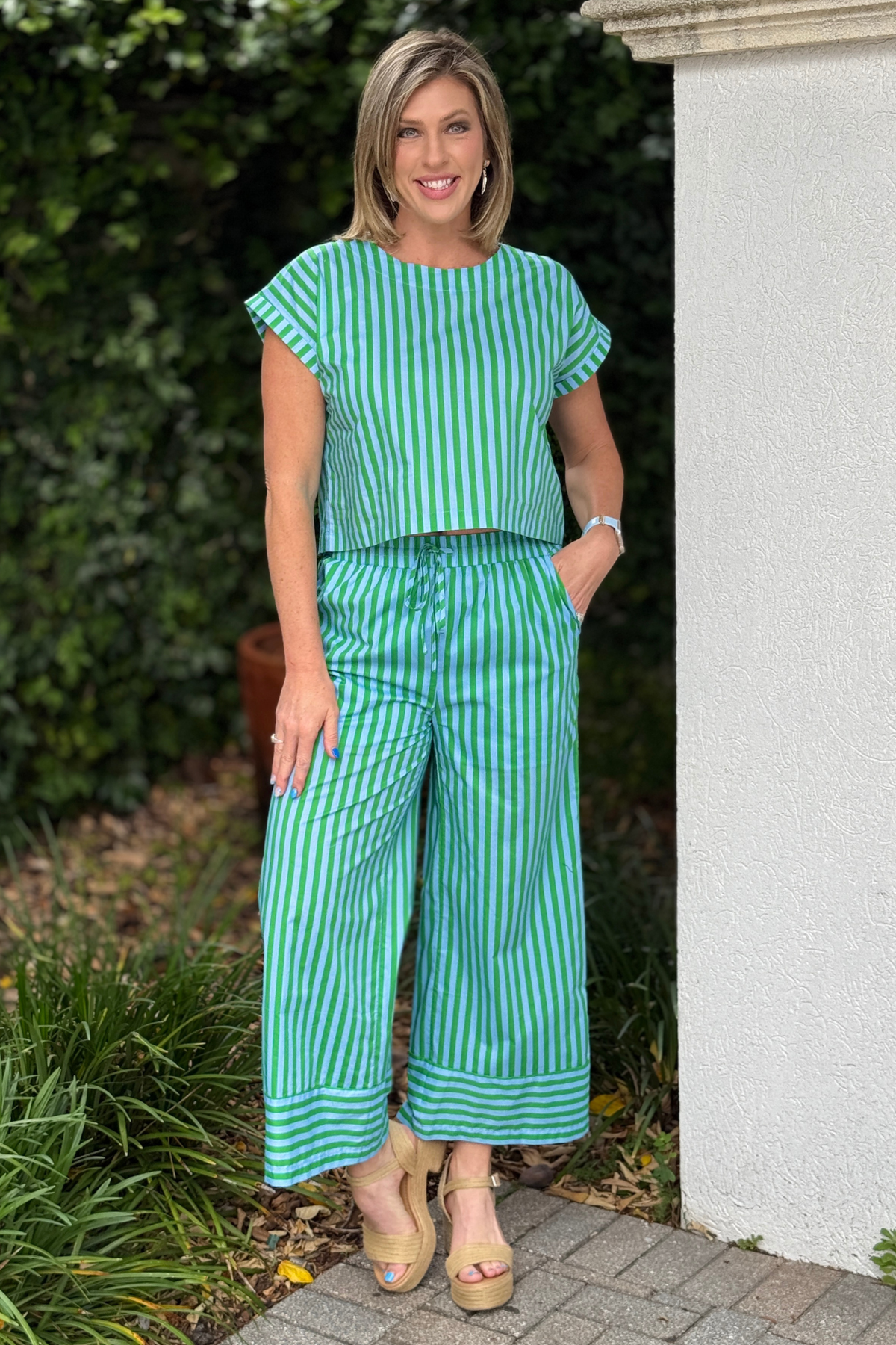 lightweight green striped pants with pockets