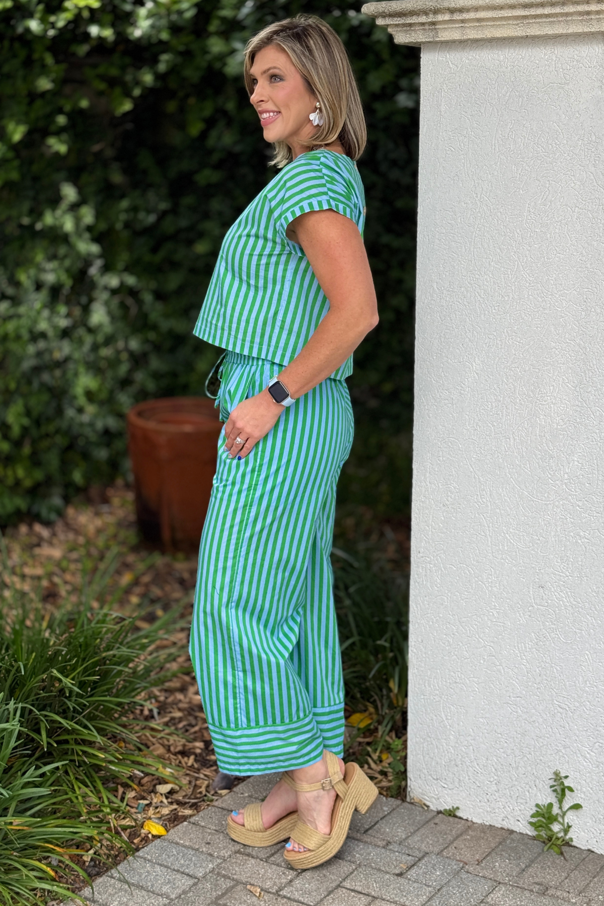 kelly green striped wide leg pants front view