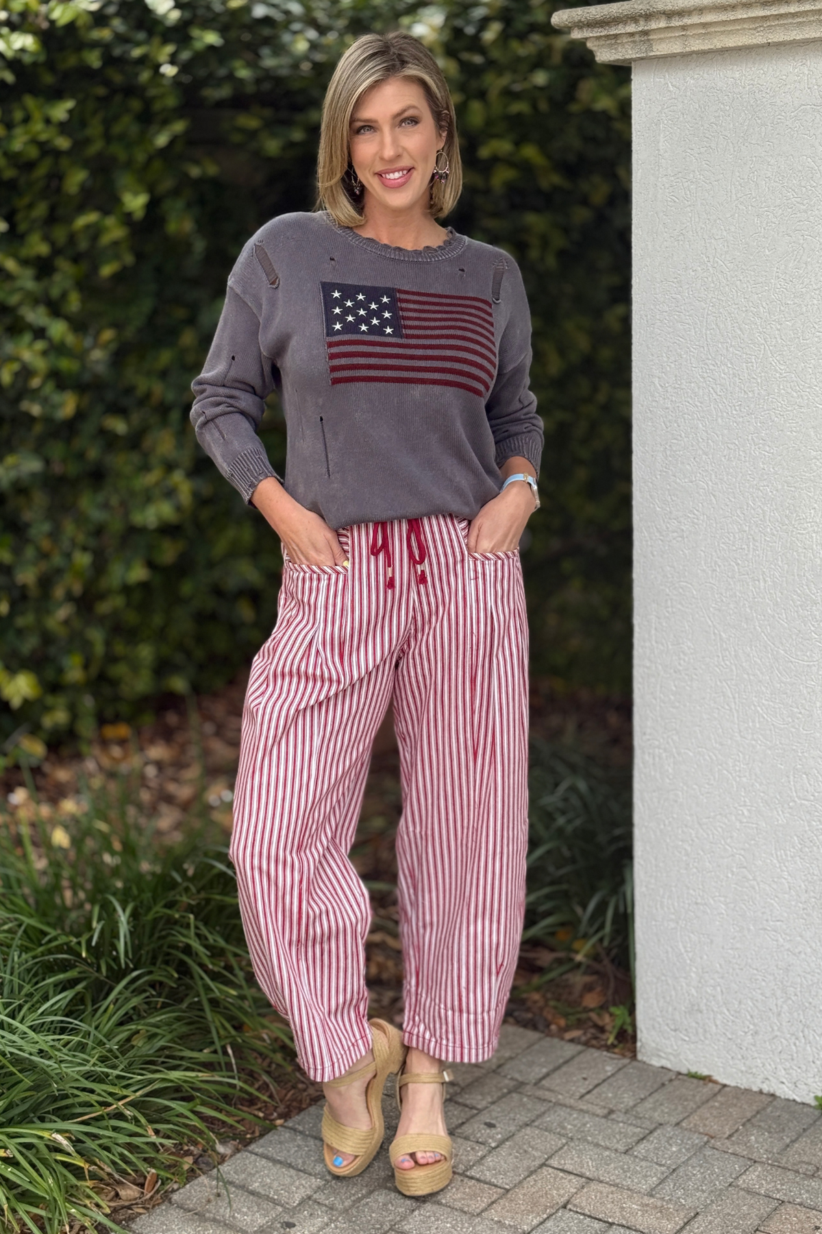 relaxed fit red striped pants women