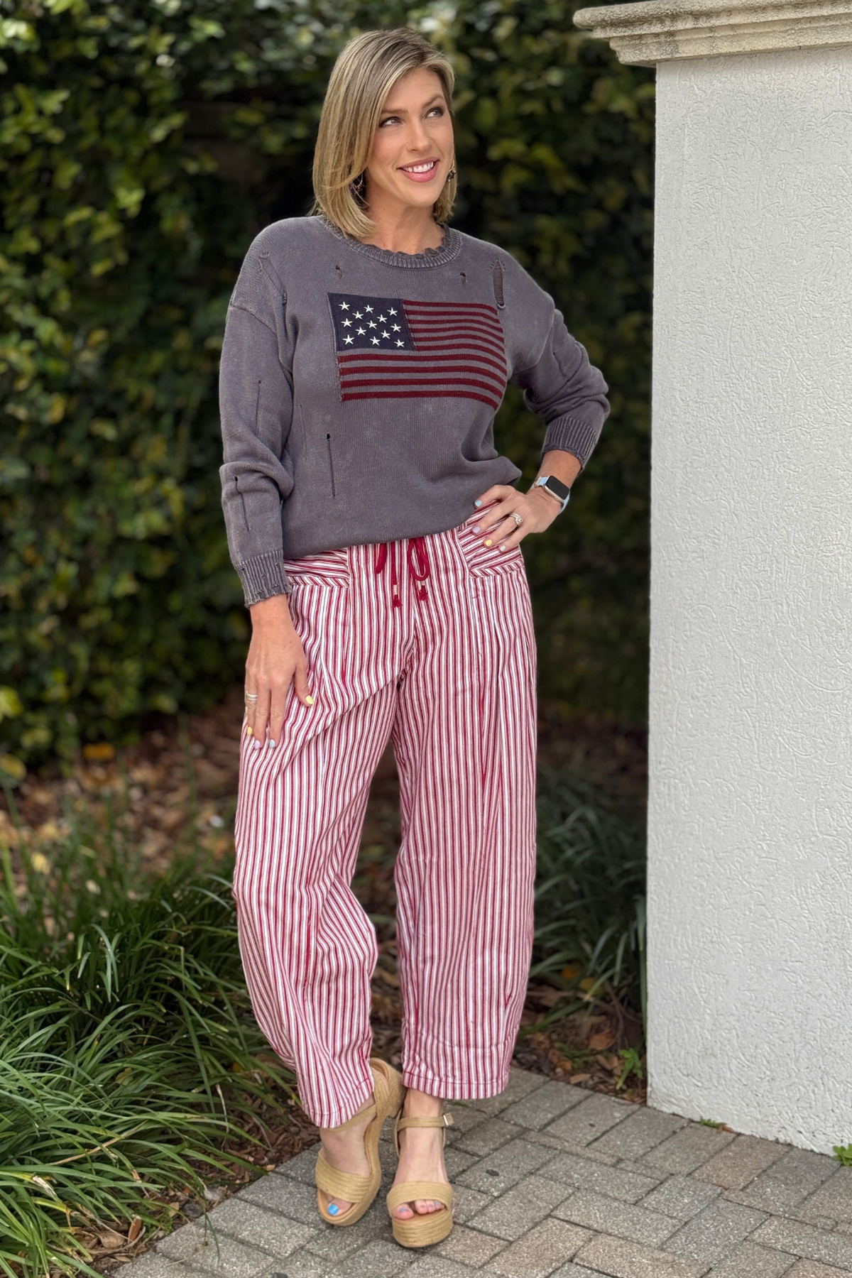 red stripe tie waist pants women