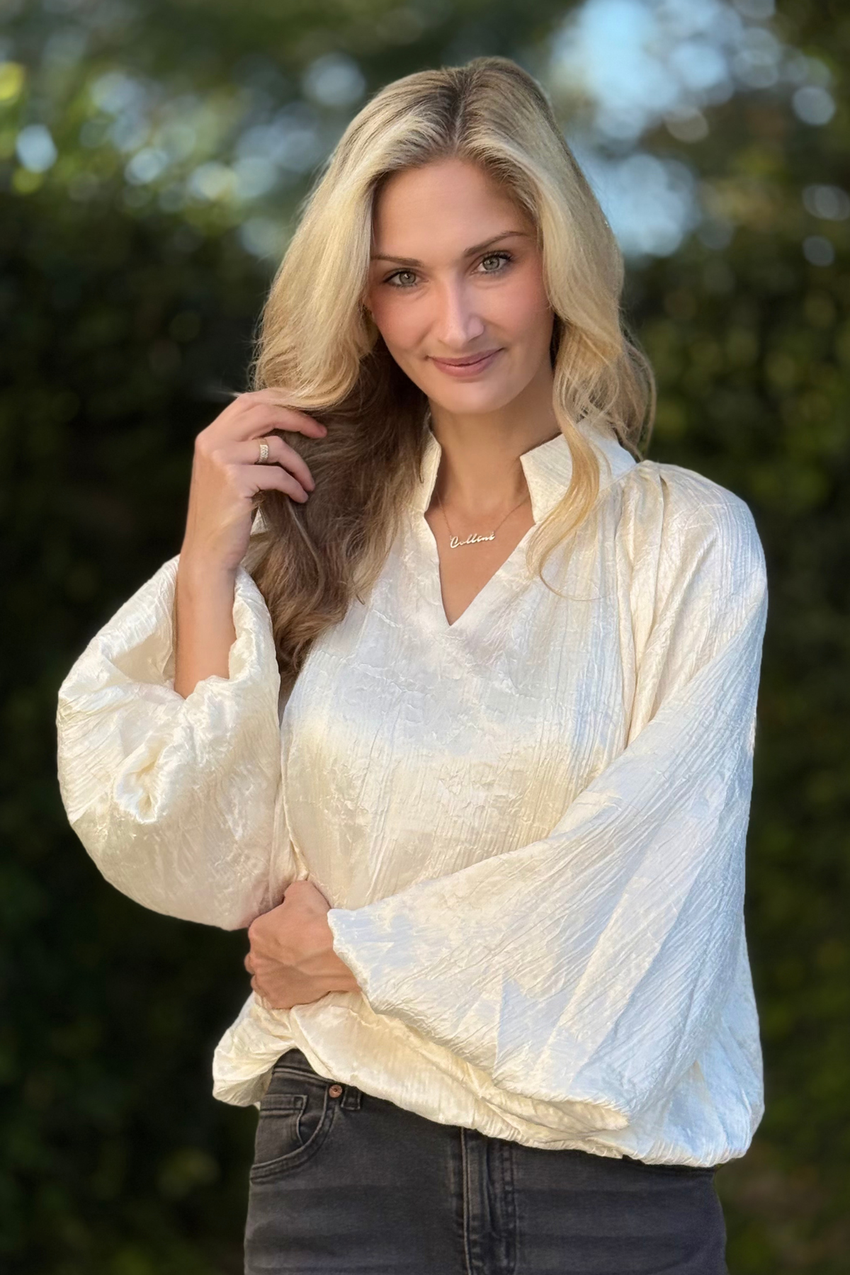 The Whisper Soft Blouse in Cream – Balloon sleeve V-neck blouse with pleated shoulders and elastic waist