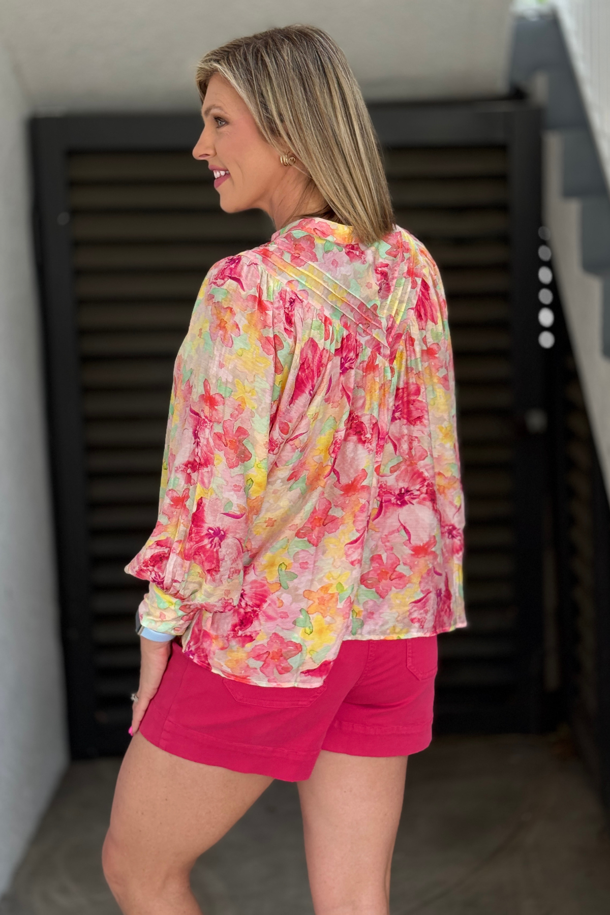 Pink floral summer blouse for women