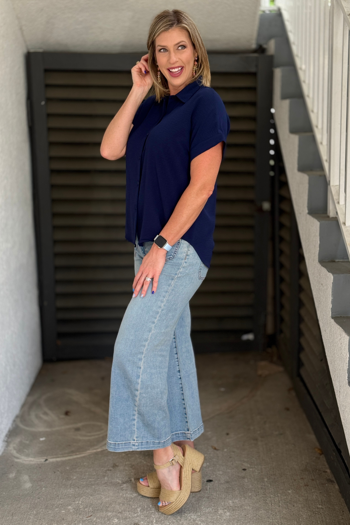 back view navy relaxed fit blouse