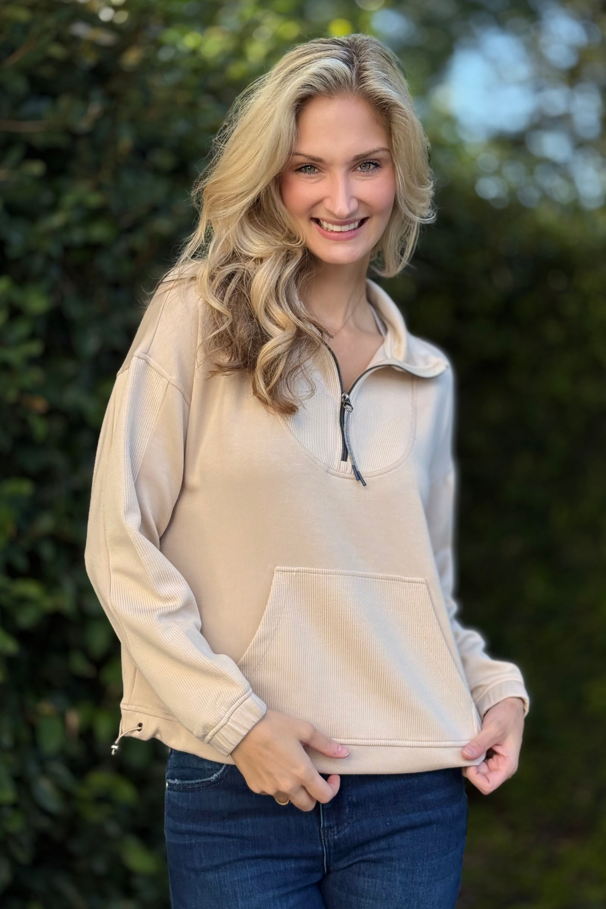 Tribal Techno Lux Zip-Accent Mock Neck Sweater in Sandstone – Half Zip Detail
