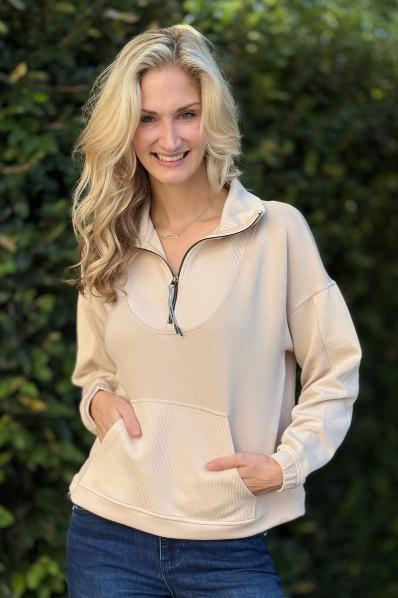 Tribal Techno Lux Zip-Accent Mock Neck Sweater – Kangaroo Pocket Close-Up
