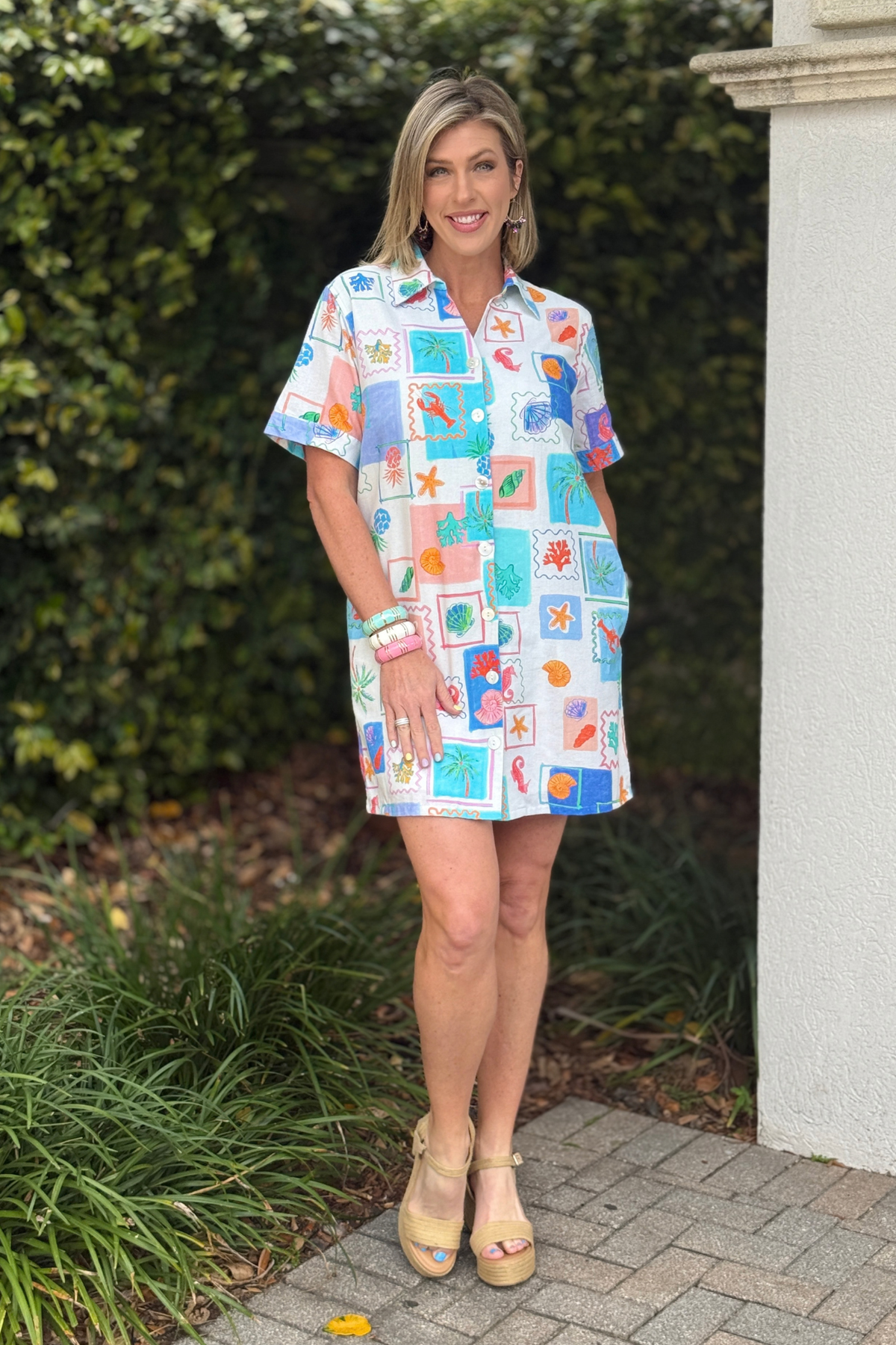 summer collared mini dress styled with wedges