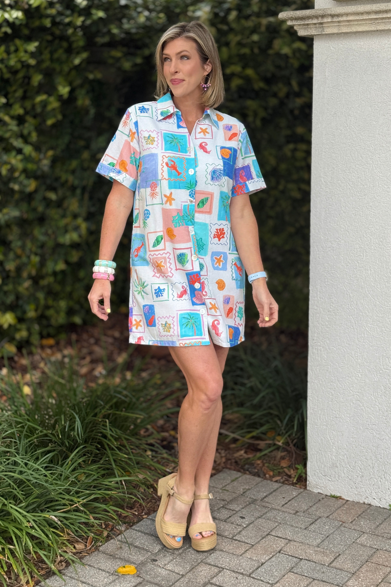 coastal print button down mini dress with pockets