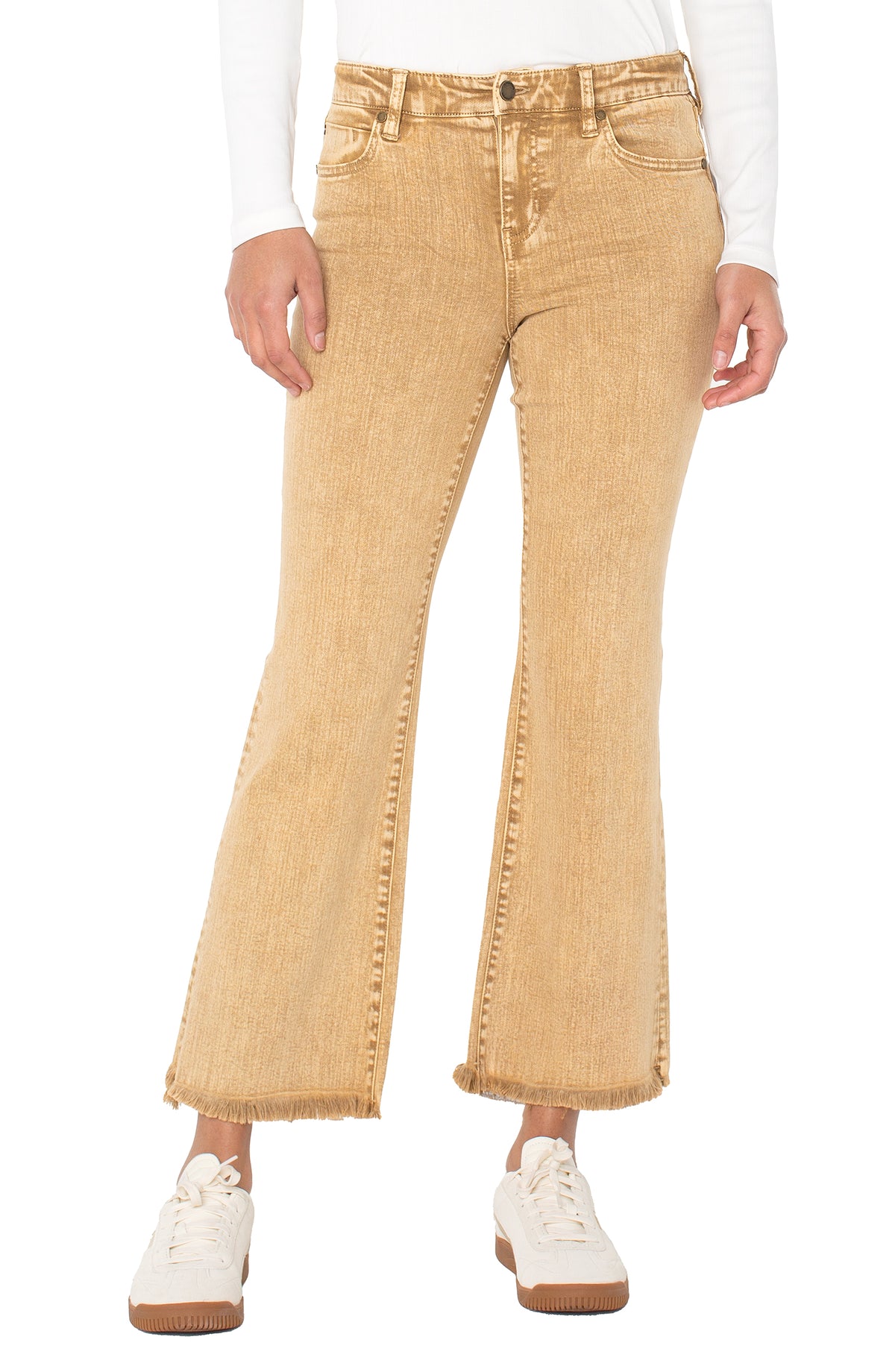 Liverpool Hannah Crop Flare with Fray in Mineral Gold full front view