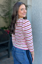 Valentina Shirred Shoulder Stripe Knit Top-Pink