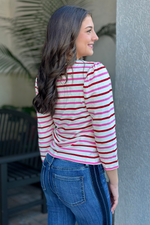 Valentina Shirred Shoulder Stripe Knit Top-Pink
