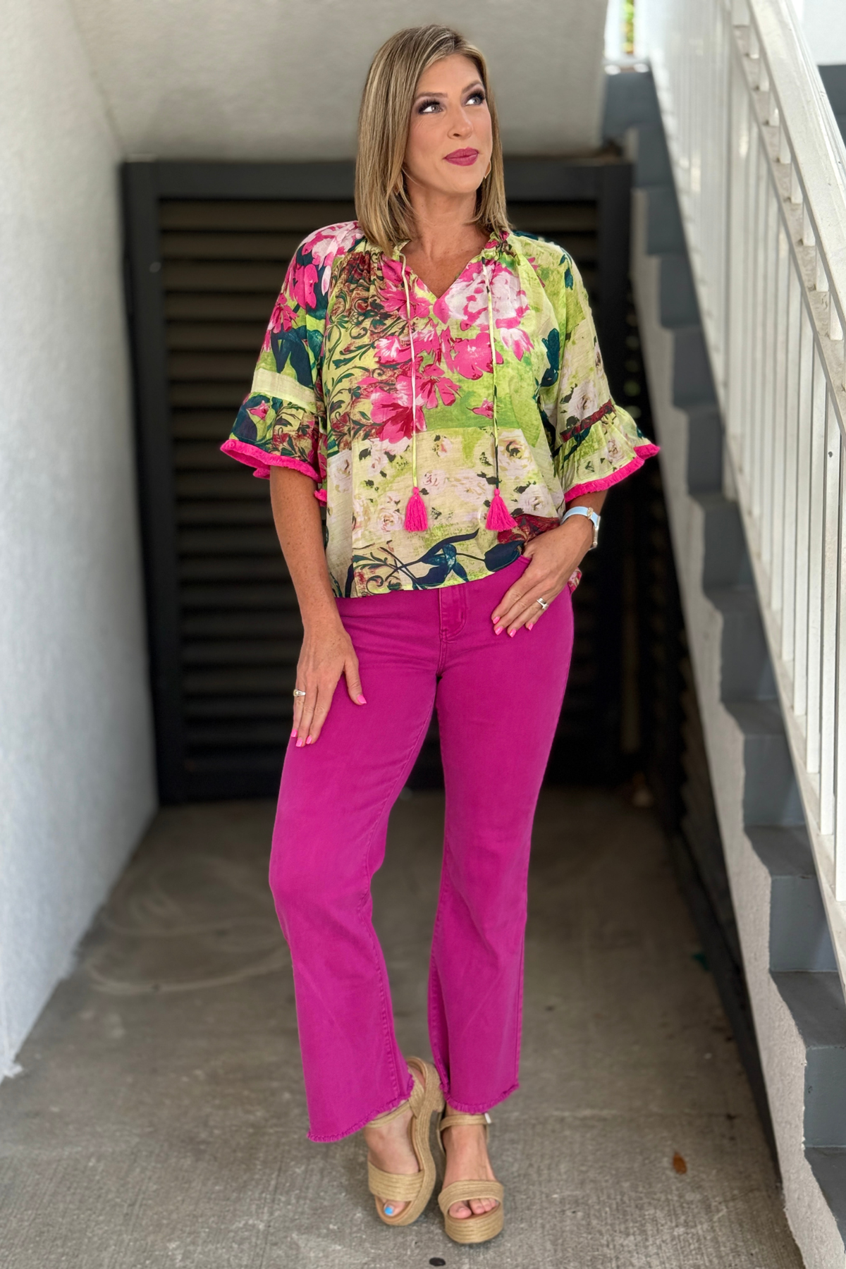 Lightweight floral woven top with pink and green print