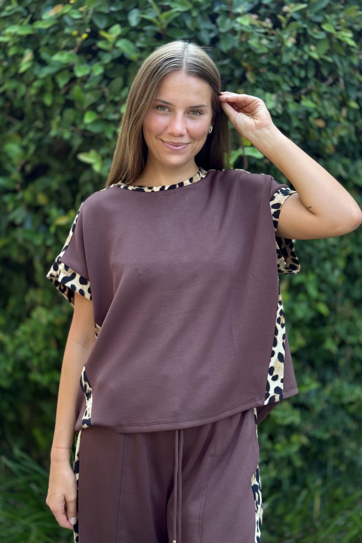 Desert Trail Leopard Trim Top in Brown