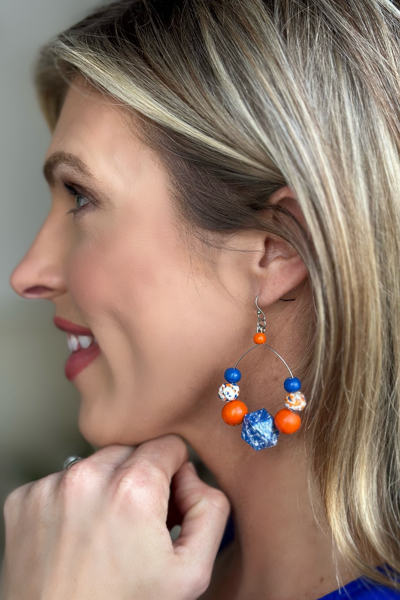 Sarahfide: Game Day Medium Round Earrings-Orange and Blue