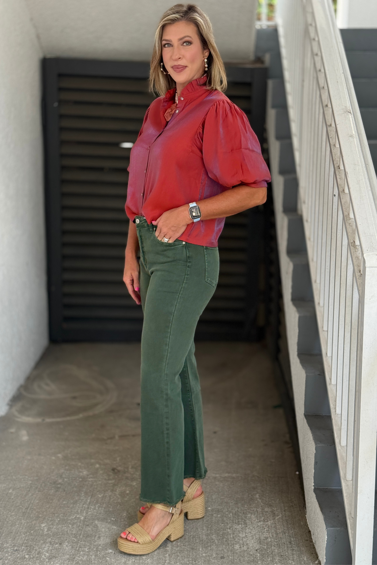 High rise olive denim jeans.